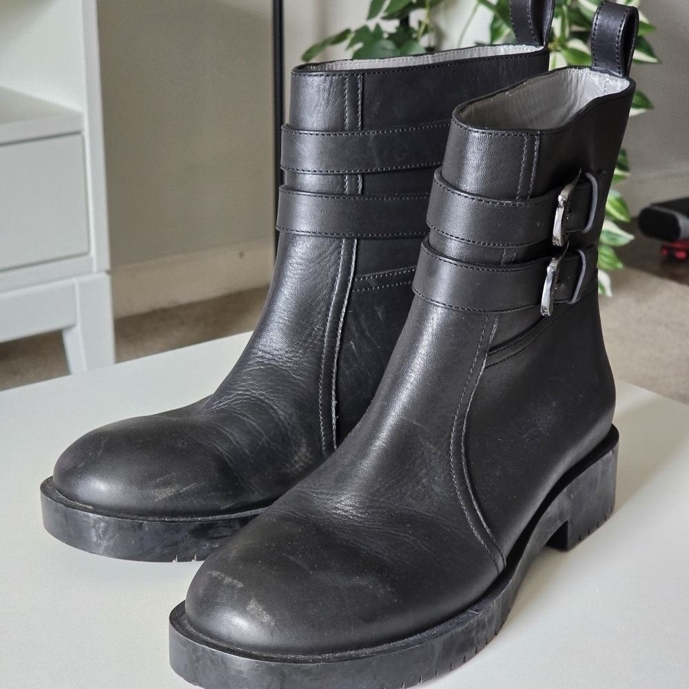 Jil Sander Navy Black Leather Ankle Boots Size 9.5